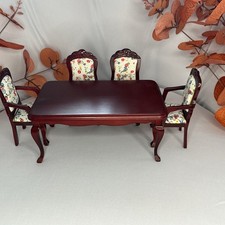 1:12 Scale Mahogany Dining Table & 4 Upholstered Chairs –Dollhouse Furniture Set