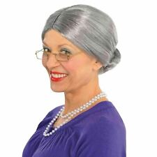 Old Lady Grey Wig With Bun Granny Psycho Halloween Fancy Dress Costume