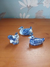 2 Blue & White Duck/Chicken Ornaments And 1 Trinket Pot