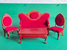 dollhouse mahogany/red Victorian sofa 2x chairs and table 1.12th