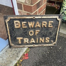British Railway Original 1920 Cast Iron Black Plaque Beware Of Trains Railwayana