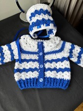 CARDIGAN BOOTEES BLUE & WHITE CROCHET HANDMADE NEWBORN SPECIAL BOBBLE
