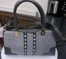 Striking M&S Moda Grey Diamante Bag Double Handles Handbag Bag Ostrich Strap