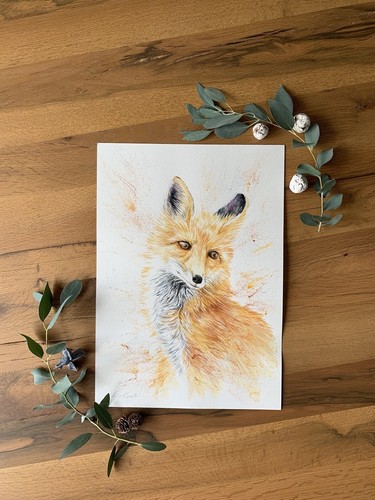 Watercolour fox signed - watercolour, fox.