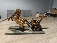 Vintage Roman Greek Gladiator W/Spear 2 Horse Chariot Brass Bronze? Marble Base