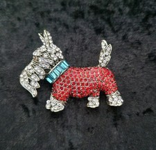 Scottish Terrier Scottie Dog Brooch. Red Rhinestone. Silver Tone Back. Art Deco