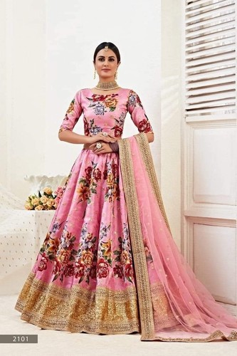 Floral pink silk ghagra - floral,