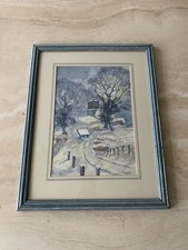 Vintage Framed Watercolour Rural Winter Landscape Scene