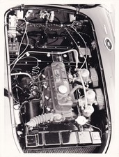 MG, MGA, ENGINE OVERVIEW PHOTOGRAPH. BRITISH LEYLAND STAMP TO REAR OF PHOTO.