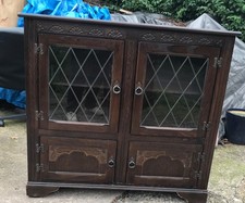 Priory Style Oak Dark Wood Glass Fronted Cupboard