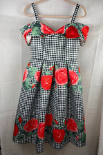 Horrockses Dress Size 10 UK Gingham Floral Midi Full Skirt Off Shoulder Neckline