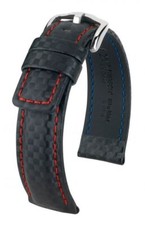 Hirsch Carbon 100 m water-resistant 20 mm black watch strap, red stitching, L