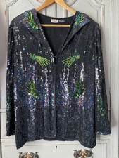 Vintage Sequin Jacket / Blazer Size L UK 16 Black Green Gold Multi Beaded 