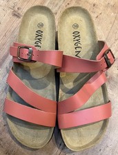 Women's strappy pink sandals, low wedge heel, size 6