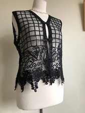 CHUN BIU Black Mesh Sheer Waistcoat Vest Top. UK 10 12. Soutache Embroidery Lace