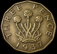 UK Three 3 Pence 1937 George VI Nickel brass Coin WCA A961
