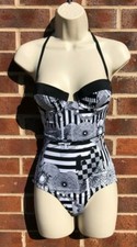 TOPSHOP Swimsuit Swimming Costume Size 6 8 & 10 Black White Geo Print Padded NEW