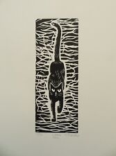 Black cat Long Tail hand pulled linocut cat print signed limited edition art A4