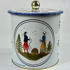 Vintage French Large Round Metal Breton HB Henriot Quimper Design Biscuit Tin