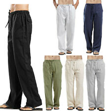 Mens Summer Casual Linen Baggy Pants Soft Cotton Trousers Elastic Waist Loose UK
