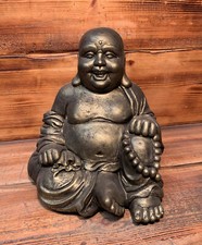 STONE GARDEN GOLD LAUGHING BUDDHA SITTING DOWN LUCKY ZEN LARGE STATUE ORNAMENT