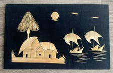 VTG Bamboo Straw Asian Wall Art. Beach Hut’s& Boats On Black Material 13”Lx 8”w