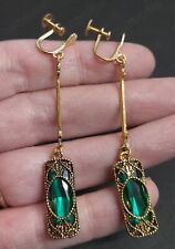 SCREW CLIP ON Vintage Gold Art Deco Revival EARRINGS Emerald Green Glass Crystal