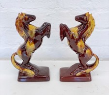 2 x Blue Mountain Horses Bookends Pair Rearing Yellow Brown Ceramic Pottery
