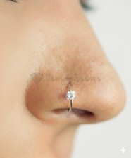 Shiny Heart Crystal Nose Hoop Ring Sterling Silver Diamante Gem Stud Ring