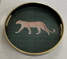 Round Leopard Design Decorative Tray Black Gold Rim 35cm Statement Home Decor