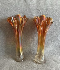 Vintage Marigold Large Iridescent Pair 2x Carnival Glass Vases Rippled Fluted