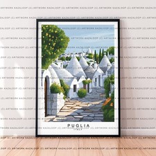 Puglia Italy Trulli Houses Street View Unframed Travel Illustration Wall Art