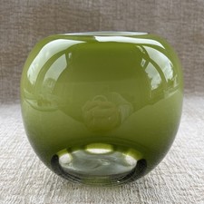 Round Glass Vase Green & White Cased Overlay Portholes Art Glass Vintage