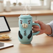Christmas Gift Ideas Ceramic Mug Blue Bear with Lid animal Coffee Tea Cup 