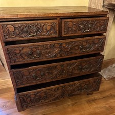 Lovely Antique Georgian Heavily Carved Oak Two Over Three Chest of Drawers