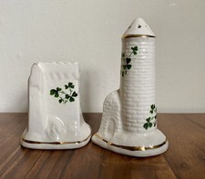 Carrigaline Pottery Irish Castle Shamrock Salt & Pepper Shakers Cork Ireland 