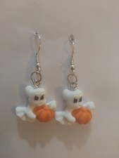 Novelty Halloween Earrings Ghost Holding A Pumpkin Sterling Silver Handmade