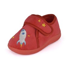 Boys Red Rocket Bootie Slippers – Velour, Touch & Close Strap, Non-Slip Sole, UK