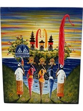 Original Balinese Folk Art Landscape Canvas Painting Artwork Signed