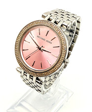 MICHAEL KORS Darci Ladies Crystal Set Watch-Pink Dial-New Battery-Steel Bracelet