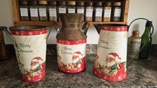 Set of 3   Metal / Tin Christmas  Jug,  Tall Bucket , Milk Churn - Santa
