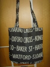 LONDON TRAIN TUBE STATION PRINT COTTON CANVAS  FABRIC 14"  SHOULDER   bag BLACK