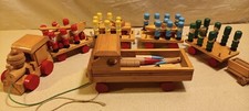 Wooden Pull Along Train Toy Set Soldiers Tank Boat Helicopter Vintage Playmakers