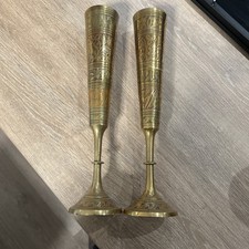 2 x Vintage Indian Solid Brass Metal 12” Tall Bud Vase Art Decor