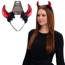 Ladies Red & Black Devil Horns Headband – Furry Halloween Fancy Dress Accessory