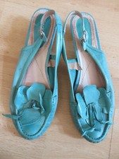 BERKONTY 6 UK/39 EU Teal Green 100% Leather TRENDY KITTEN HEELS Applique Shoes