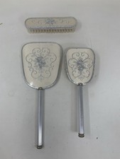 Vintage Dressing Table Vanity Mirror and Brush Set, Embroidered [A1-2-34]