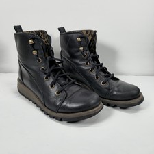 Womens Fly London Size UK 8 EU 41 Black Lace Up Boots 5 Eye Ankle Chunky Sole