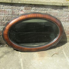 Vintage Mirror Edwardian Oval Mirror Veneer Bevelled Wood Wall Mirror 83 x 55cm