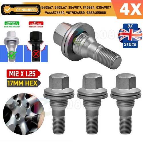 4pcs wheel bolts nuts - 17mm, hex